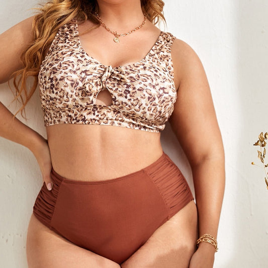 Tankini Fat Woman Swimsuit Leopard Print Conservative