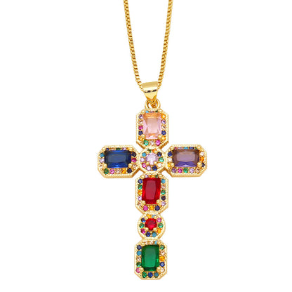 Personalized Hip Hop Cross Trendy Necklace Colorful Zircon Necklace