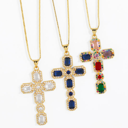 Personalized Hip Hop Cross Trendy Necklace Colorful Zircon Necklace