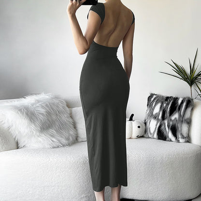 Women's Short-sleeved Round Neck Slim-fit Sheath Backless Dress