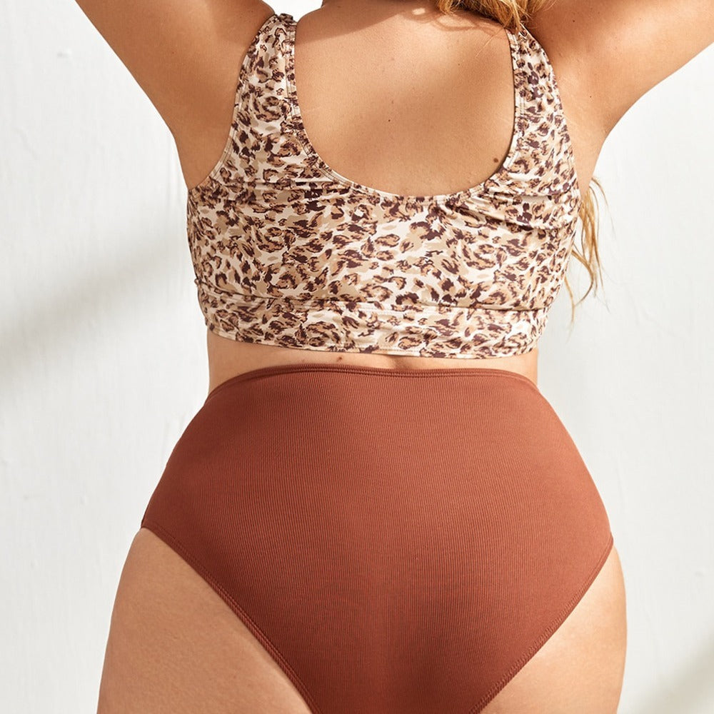 Tankini Fat Woman Swimsuit Leopard Print Conservative