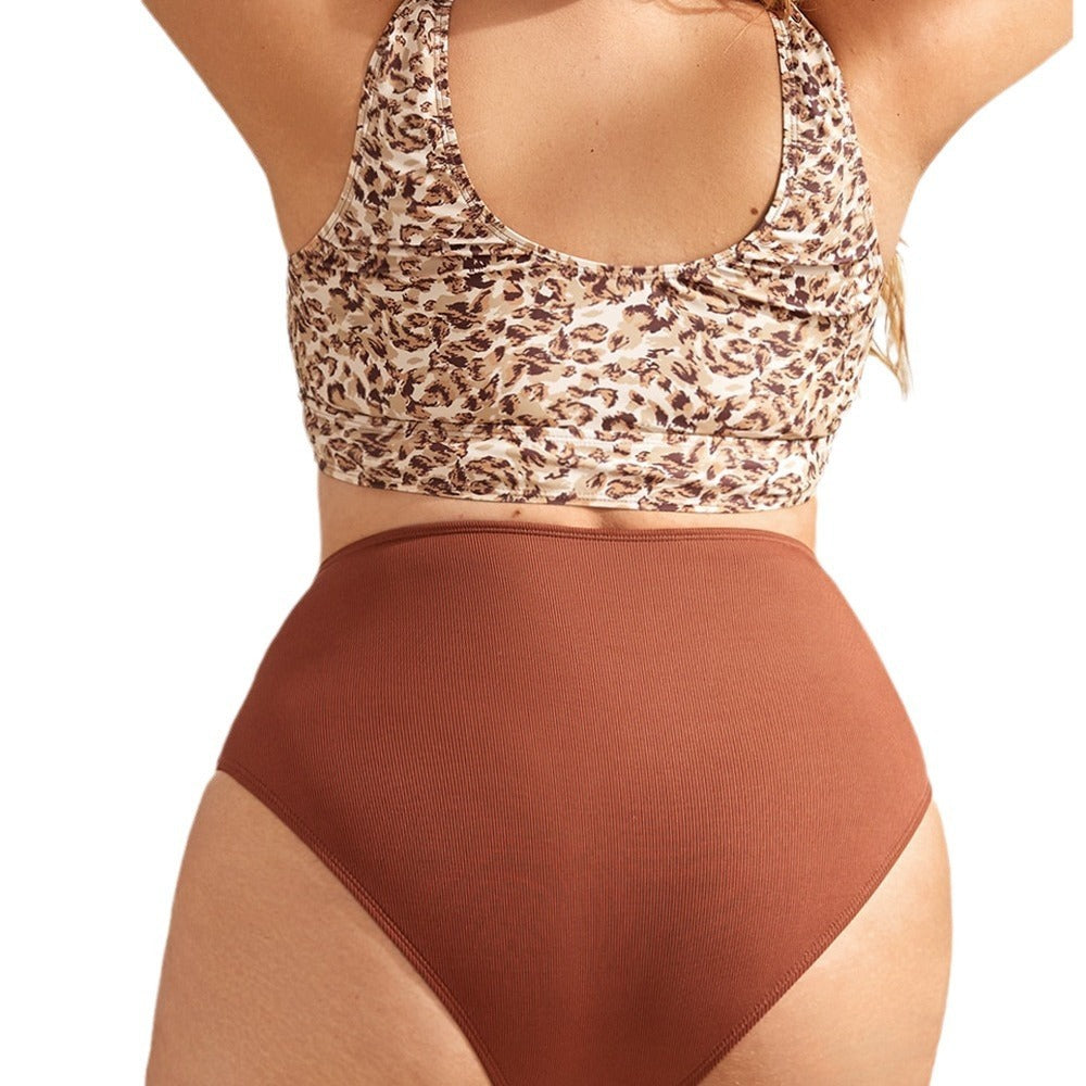 Tankini Fat Woman Swimsuit Leopard Print Conservative